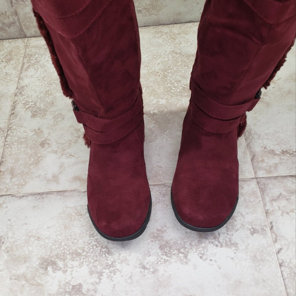 Buckled Faux Fur Hot Tomato Pavati Suede Zippered Full Calf Knee Boots Size 6 M - Picture 2 of 15